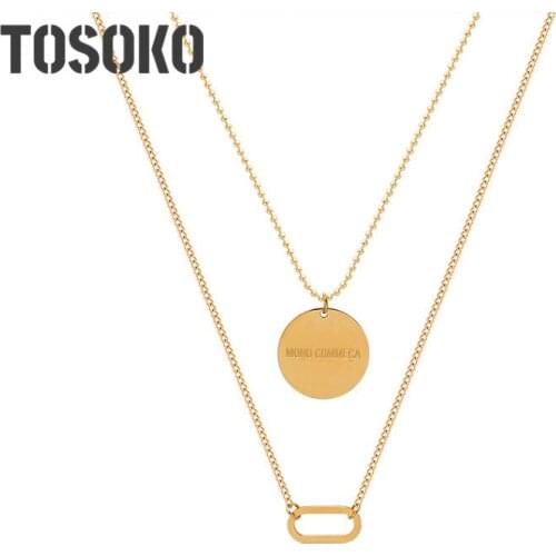 TOSOKO Stainless Steel Jewelry Lucky Circle With Geometric Oval Clavicle Pendant Double Layered Necklace BSP965