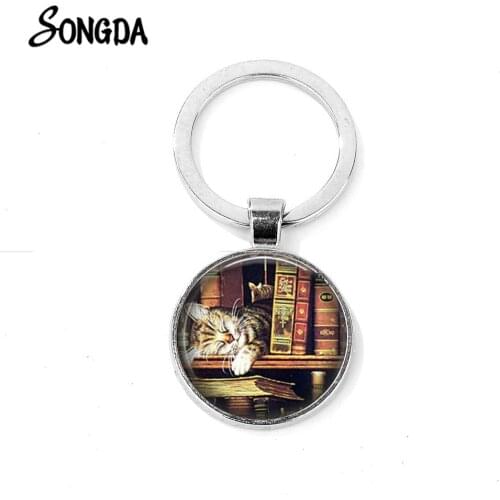 Vintage Books Photo Keychain Cute Cat Library Book Glass Dome Silver Plated Key Chain Handmade Gift for Students Teachers