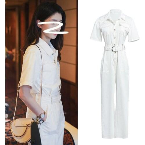 Runway White Jumpsuit Women Overalls 2020 New Turn Down Collar Short Sleeve Jumpsuits Loose Long Cool Streetwear