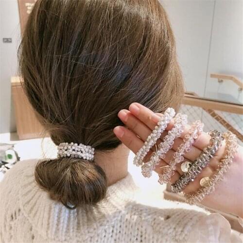 Women Girls Korean Style Rhinestone Elastic Hair Band Scrunchies Hair Accessories Fashion Pearls Hair Gum Headwear Bracelet