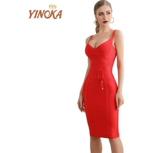 Yinoka Summer Bandage Dress Red Elegant Bodycon Sexy V Neck Spaghetti Strap Club Celebrity Runway Party Dresses for Women