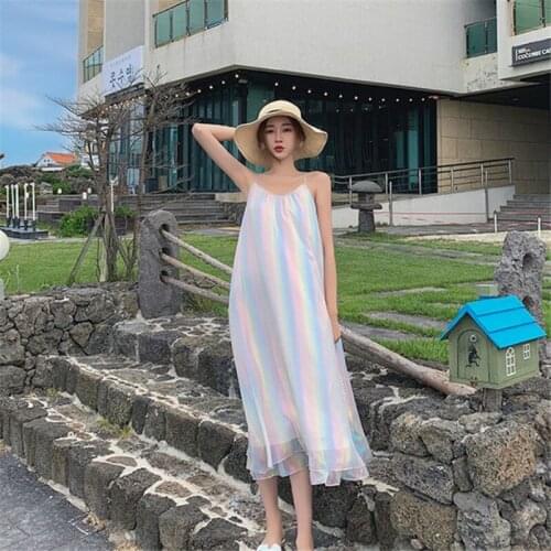 Women 2020 Summer New Super Fairy Rainbow Dress Chic Beach Sexy V Neck Sleeveless Mesh Dress Holiday Spaghetti Strap Loose Dress