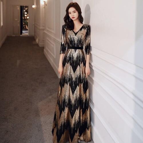 Wei yin AE0382 Long Evening Dress Elegant Robe De Soiree Zipper Women Party Dresses Plus Size V Neck Sequin Formal Gowns
