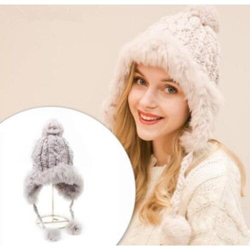 Winter Wool Knitted Bomber Hats For Women Rabbit Fur Pompom Ball Bonnet Cap Twist Warm Earflap Beanies Hat