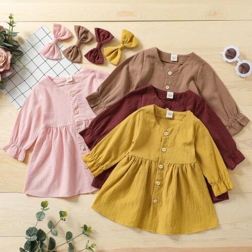 4 Colors Girl Dress 2Pcs Baby Girls Clothes Casual Outfit Solid Color Long Sleeves Single-Breasted Dress + Bow Hair Clip