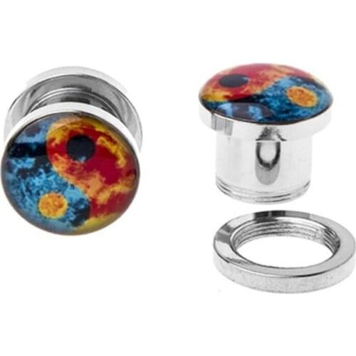 2pcs fee shipping stainless Steel Yin Yang logo Screw flesh tunnel ear gauges plugs and tunnels stretchers body piercing jewelry