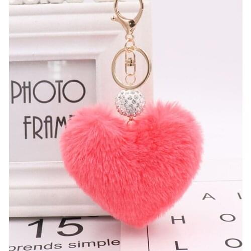 Lovely Heart Shaped Keychian Pom Poms Imitation Fur Ball Toy Doll Bag Car Key Ring Monster Keychain Crystal Jewelry Gift