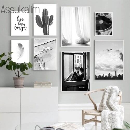 Black And White Poster Cactus Print Feather Canvas Prints Record Player Wall Posters Modern Wall Paintings For Living Room Decor