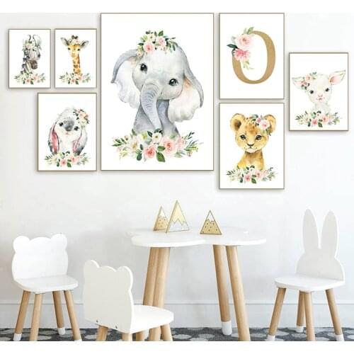 Baby Nursery Animal Canvas Wall Art Print Elephant Giraffe Lion Decoration Painting For Kid Bedroom Custom Name positive Picture