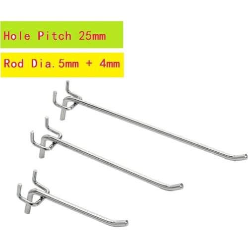 Length 100/150/200/250MM Hole Pitch 25mm Metal Chrome-plated Hanger Pegboard Hook 5MM Wire Dia Display Hooks Supermarket Hooks