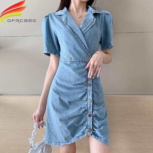 Notched Collar Ladies Denim Dresses New 2020 Summer Short Puff Sleeve Button Up Womens Jean Dress Folds Midi Dress Woman