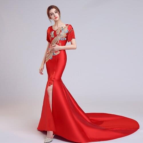 Red Embroidery Cheongsam Elegant Oriental Evening Dress Long Traditional Chinese Wedding Gown Qipao Dresses Qi Pao Women