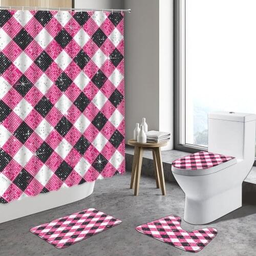 Geometric Lattices Shower Curtain Stripe Simple Home Decor Curtains Waterproof Bathroom Non-slip Rug Toilet Lid Cover Bath Mats