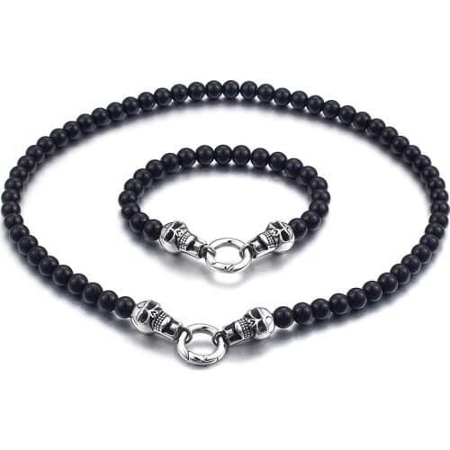 Hot style Jewelry Set Round beads Black stone Necklace & Bracelet set Stainless Steel Skull skeleton clasp for mens XMAS Gifts