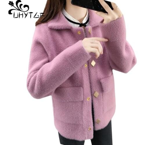 UHYTGF Mink Fleece Cardigan Women Single Breasted Casual Autumn Winter Sweater Coat Long Sleeve Loose Knitted Short Jacket 1320