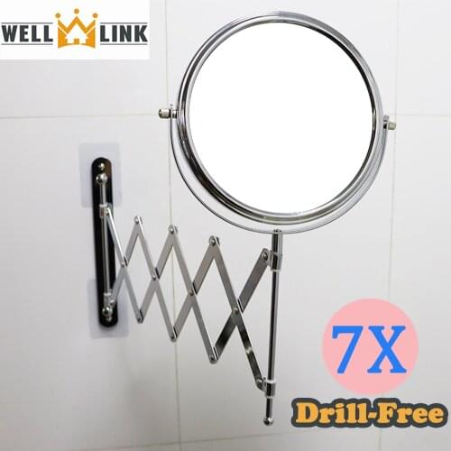 WELLLINK Wall-mounted Makeup Mirror Bathroom No Drilling Double-sided 7X Magnifying Extendable 360deg Rotating Vanity Cosmetic