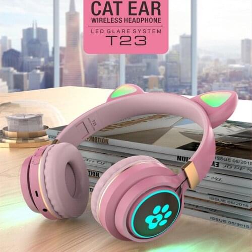 T23 LED Cute Cat Ears Headphones Bluetooth 5.0 Wireless Headset With Mic Stereo Music Earbud Music Gaming Earphone For Kids