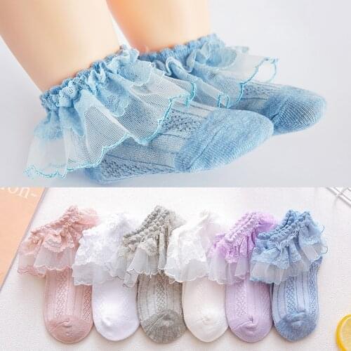 New Summer Retro Lace Kids Girls Socks Ruffle Frilly Socks Girls Princess Mesh Solid Cotton Short Sock White School Dance Socks