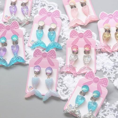 Dazzling Mermaid Pendant Without Ear Hole Clip Earrings Cartoon Fish Tail Dangle Earrings for Children Kids Party Jewelry Gifts