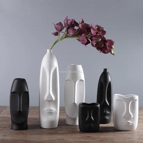 Nordic Minimalist Ceramic Abstract Vase Black and White Human Face Creative Display Room Figue Head Shape Tabletop Vase