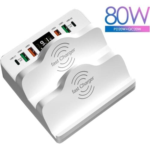 80W Multi USB Charger Dual Wireless Charging Dock Station QC3.0 PD 20W Fast Charger Adapter For iPhone 12 Max Pro Samsung Xiaomi