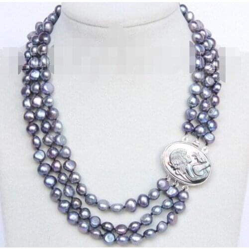 Baroque 16"-18" 3row 9mm gray pearls necklace seashell clasp