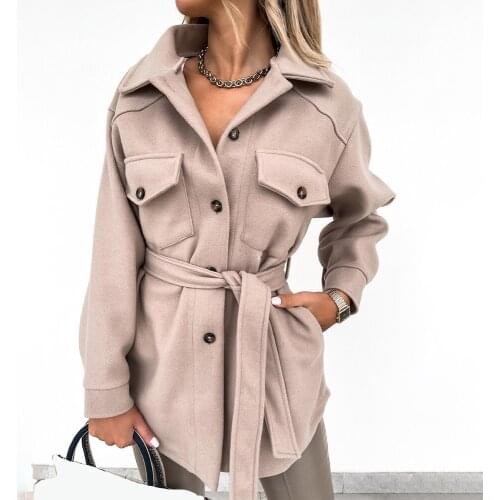 2021Autumn Elegant Loose Lace-up Coat Women Fashion Lapel Single-breasted Black Long Sleeve Pocket Woman Jacket Chic Veste Femme