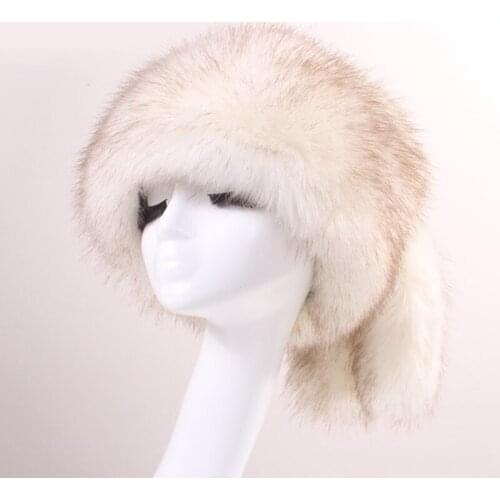 Women Faux Fox Fur Flat Top Cap Warm Fluffy Hat Russian Beanies Ear Warmer Thick Headgear Cap with Two Tails Design Cute Hat