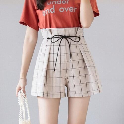Hiawatha Women High Waist Fashion Shorts Korean Summer Chiffon Plaid A-Line Shorts With Belt D4204