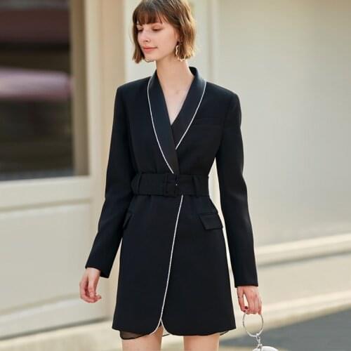 AEL Elegant slim blazer women sashes long blazers faux jewels suits dress woman party dress lady Office Belt Suit Dress