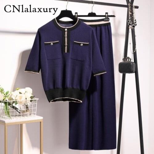 Runway Tracksuit women Suit 2020 Fashion Knitted Crop Top Pullovers Sweater + High Waist Wide Legs Pants 2 piece Set Outfits