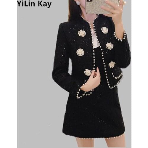 2019 New Autumn Winter Runway Black Shinny Tweed 2 Piece Set Women Beading Pearls Short Jacket Coat + Mini Woolen Skirt Suit