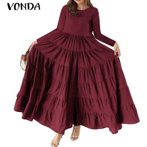 VONDA Women'Long Maxi Dress Party Vestidos Long Sleeve Vintage Solid Dresses Bohemian Sundress Long Robe