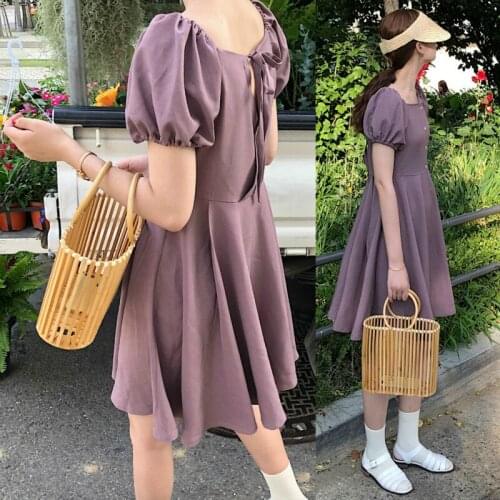Women Summer Mini Shirt Dress Puff Sleeve A- Line Vestidos Vintage Robe Femme Ete Square Neck Sukienki Sommerkleid Jurk