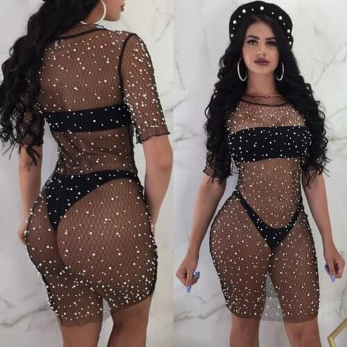 Women Summer Sequins Crystal Mesh Dress Bikini Cover Up Swimwear Swimsuit Bathing Suit Beach Wear