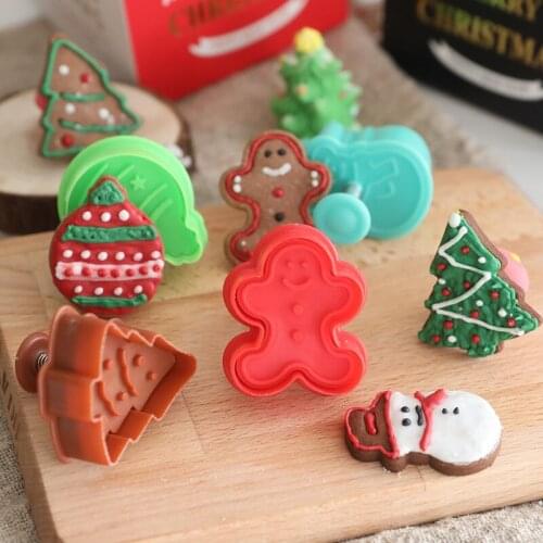4Pcs Food Grade Plastic Christmas Mold Cookie Cutter Kitchen Snowman Baking Mold Plunger Stamp Die Fondant Cake Decorating