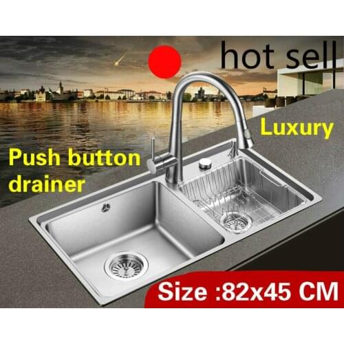 Free shipping Apartment luxury kitchen double groove sink push button drainer 304 stainless steel hot sell 82x45 CM