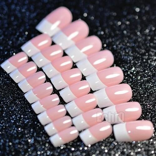 Long French Fake Nails Orange Pink Square Shiny Nail Art Tips Classical Design New Color 24pcs Tips
