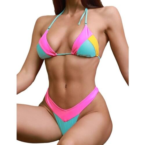 Women 2Pcs Bikini Suit Deep V-neck Swimwear Large Size Bath Suits Lace-up Halter Tops Triangle Bottoms Ladies Swimsuit Separate