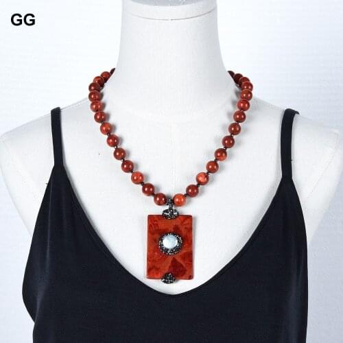 GG Jewelry 12mm Red Spongy Coral round Necklace Rectangle Spongy Coral White Coin Pearl Pendant Necklace 20" For Women