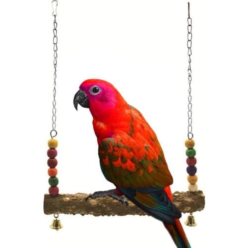 Natural Wooden Parrots Swing Toy Birds Colorful Beads Bird Supplies Bells Toys Hanging Swings Cage