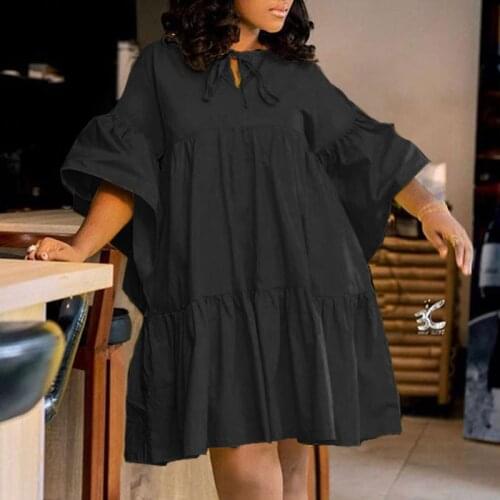 Mini Dress VONDA Casual 3/4 Sleeve Pleated Dresses Summer Flare Sleeves Plain Mini Robe Bohemian Vestidos Sundress