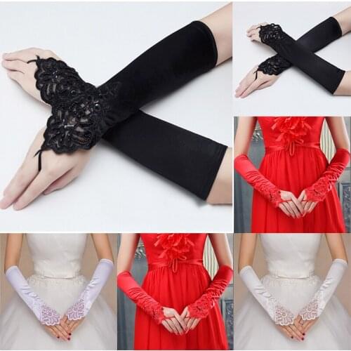 Fashion Red Black white Long Satin Gloves Fingerless Pearl Rhinestone Lace Prom Glove Bride wedding Accessories