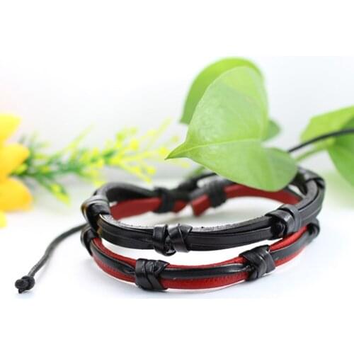 Trendy Men Jewelry Braided Leather Rope Bracelet Black&Red Buckle Bracelets Punk Women Wrist Band Pulsera Hombre DX49