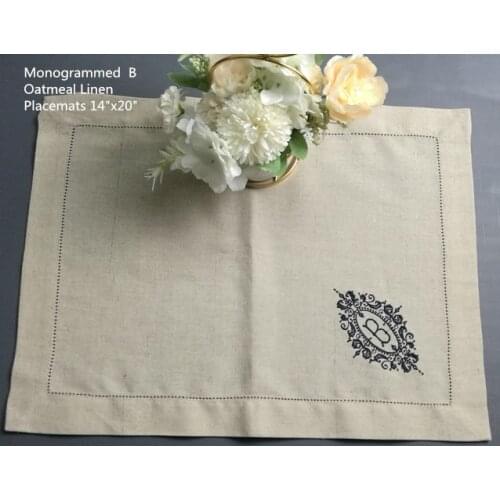 Set of 12 Monogrammed Placemats 14"X20"Hemstitched Thick Oatmeal Linen Table Cloth with Color Embroidered Initial B