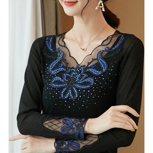 2021 New Bright Silk Mesh T-shirt Fashion Casual Long-sleeved Slim Korean Black Tops Elegant Slim Diamond Female Blusas
