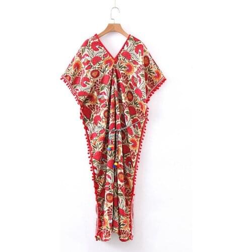 PERHAPS U Red Floral Print Dress Short Sleeve Hairball V Neck Vocation Sash Maxi Dress D1216