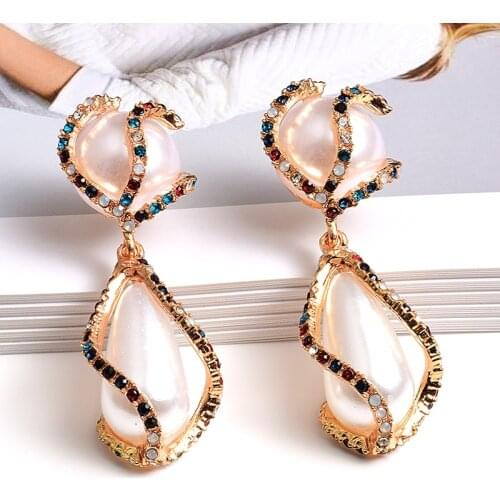 Wholesale New Colorful Rhinestone Big Pearl Drop Earrings Fine Jewelry Accessories For Women Fashion Trend Pendientes Bijoux