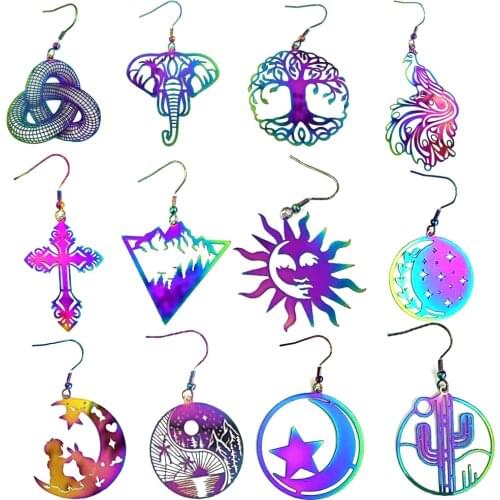 Celestial Crescent Moon Earrings Bohemian Earrings Moon Sun Star Dangles Statement Earrings Colorful Witchy Asymmetrical