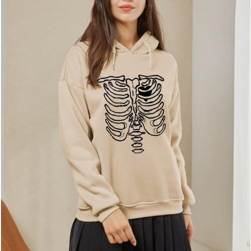 Harajuku Sweatshirt Print Skeleton Hoodie with Heart Female Hip Hop Pullover Punk Streetwear 90s Vintage Clothing Women Loose